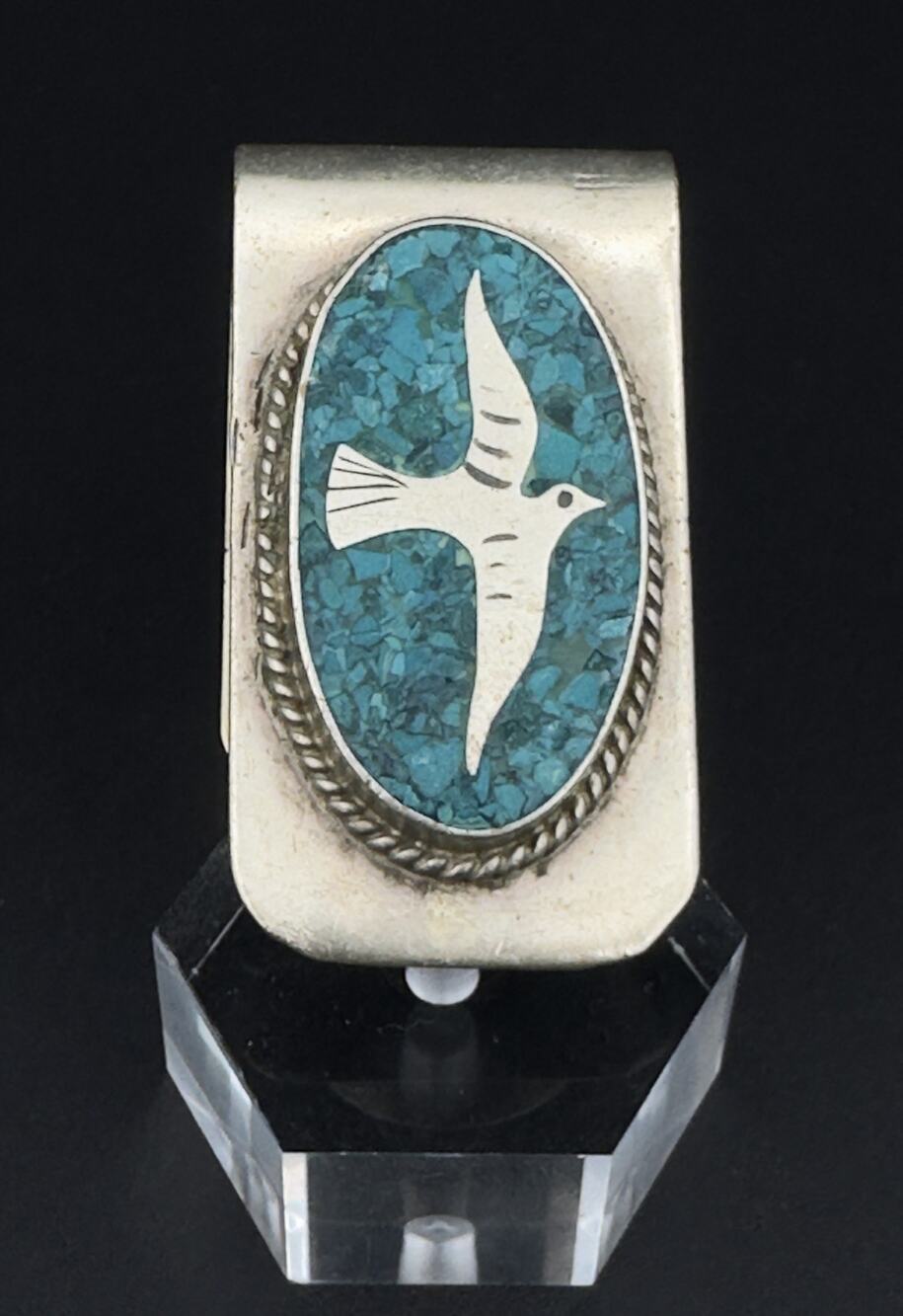 Vintage Mexican Alpaca Silver Turquoise Chip Inlay Thunderbird Money Clip